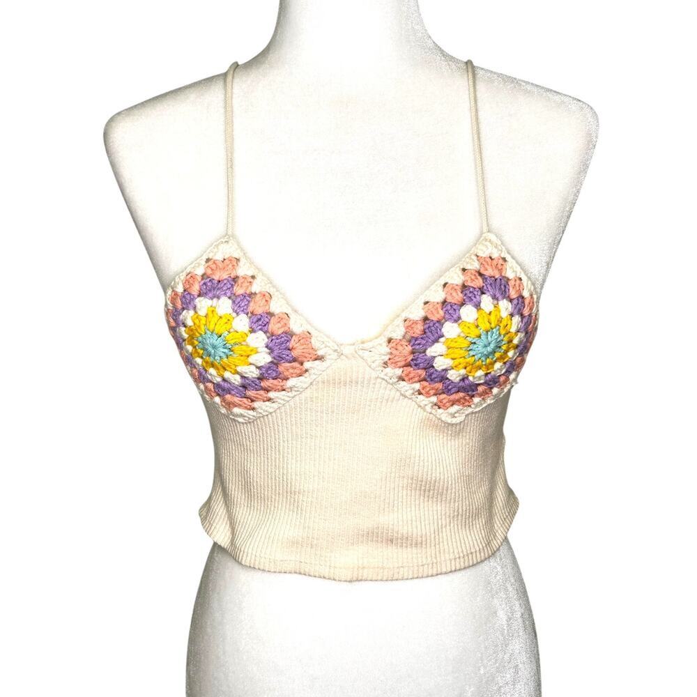 Zara Ivory Pastel Crochet Granny Square Ribbed Knit V-Neck Summer Tank Top